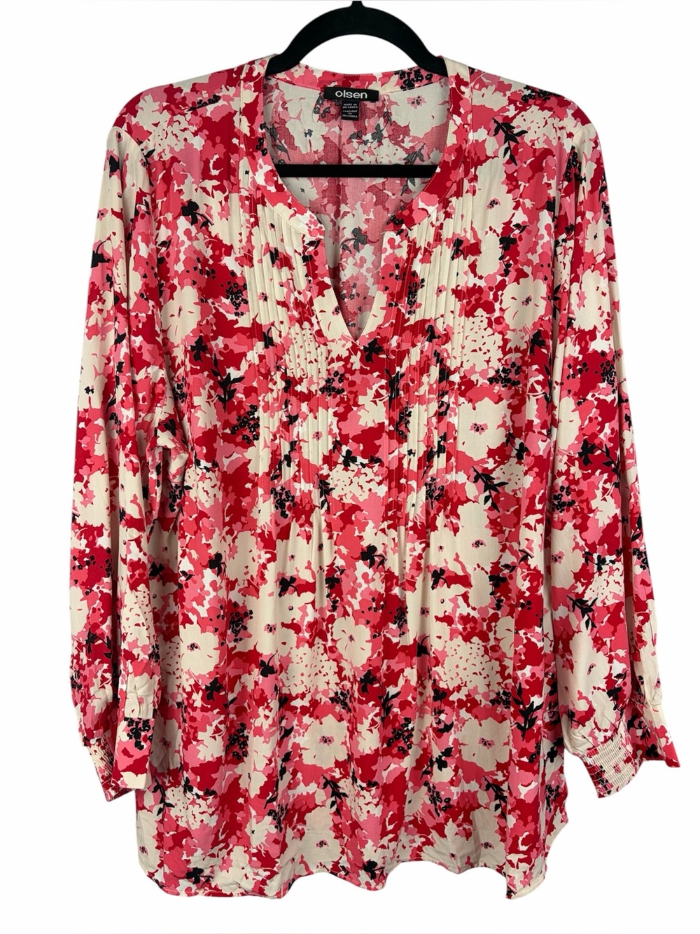 Olsen XL 16 Pink Red Floral Pintuck Blouse 100% ECOVERO Viscose